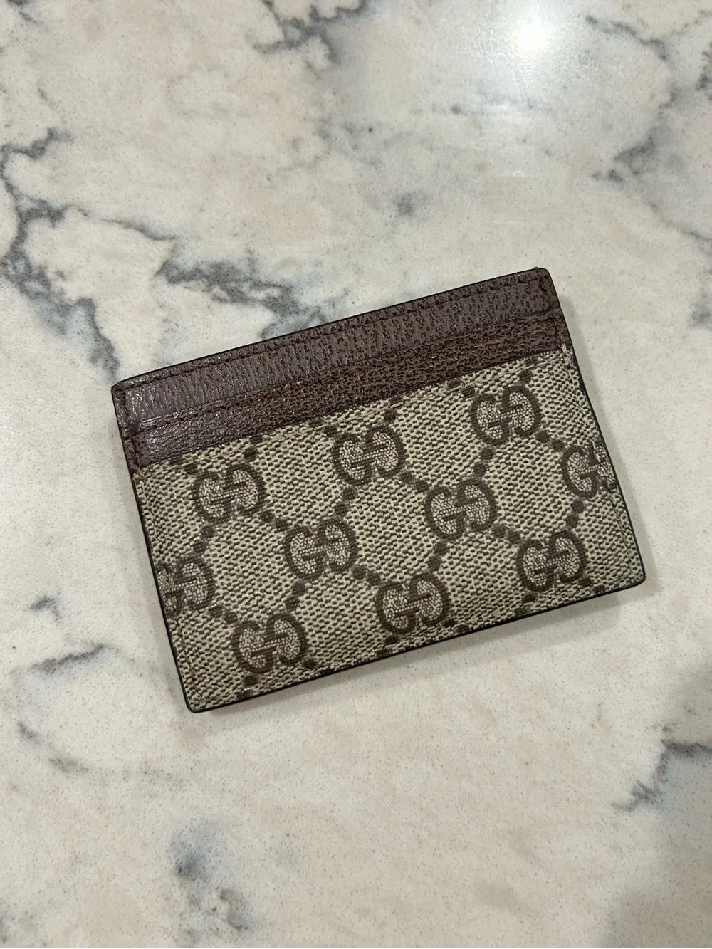 Gucci Brown GG Canvas Card Holder with Green Red Web and Gold Hardware